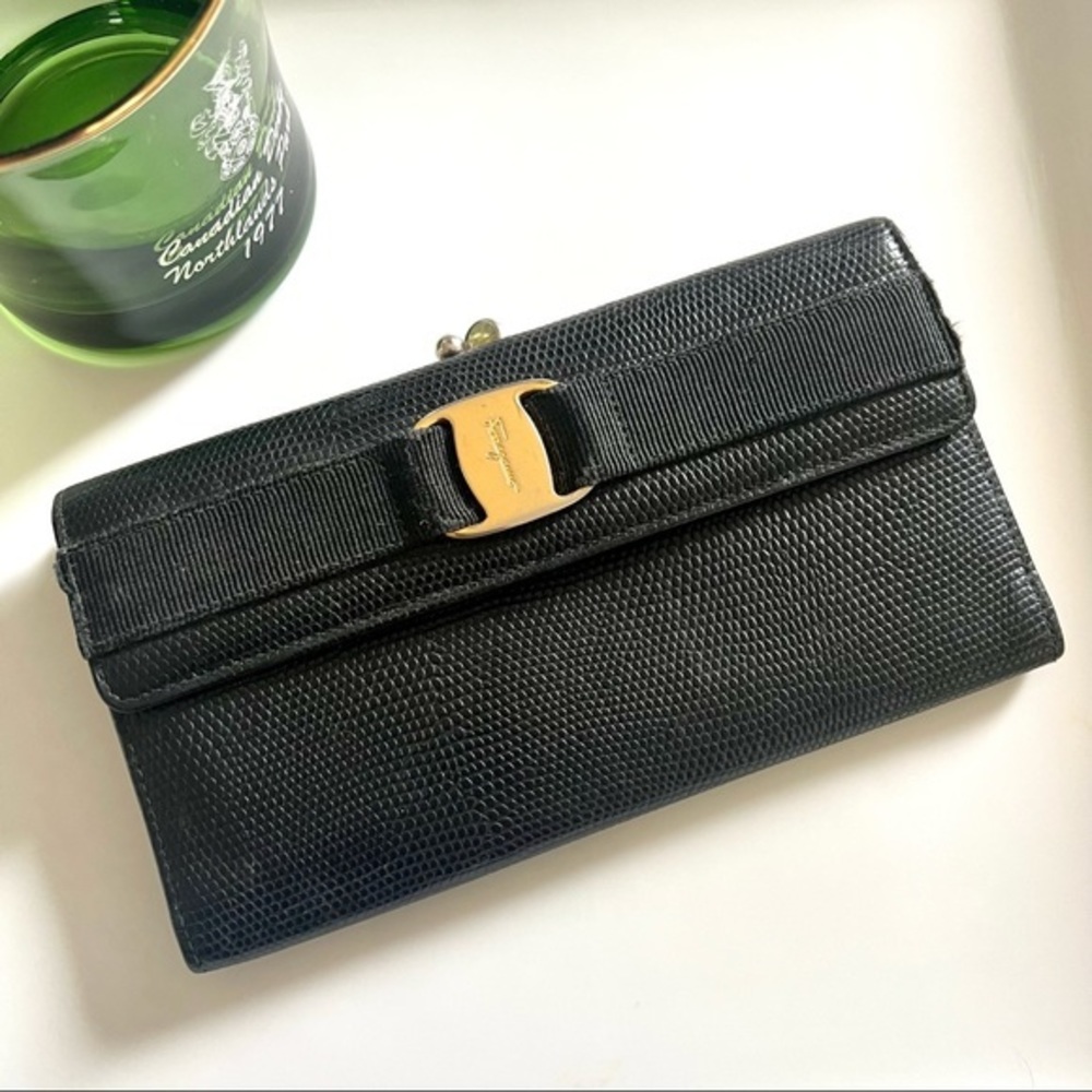 SALVATORE FERRAGAMO Leather Black Embossed Wallet Gold Checkbook Coin Holder - Picture 1 of 7